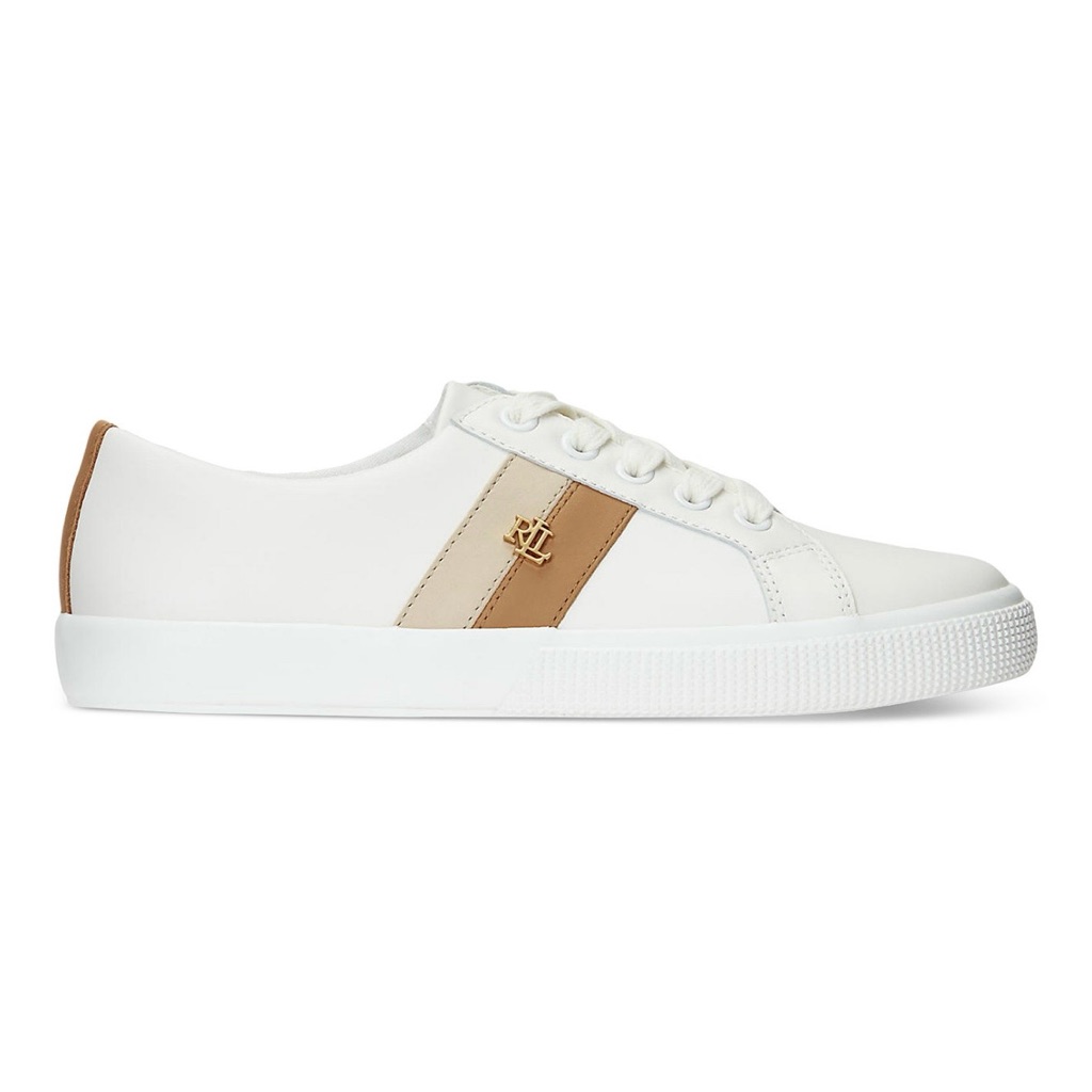 Lauren Ralph Lauren White Leather Sneakers With Tan Stripe Accent